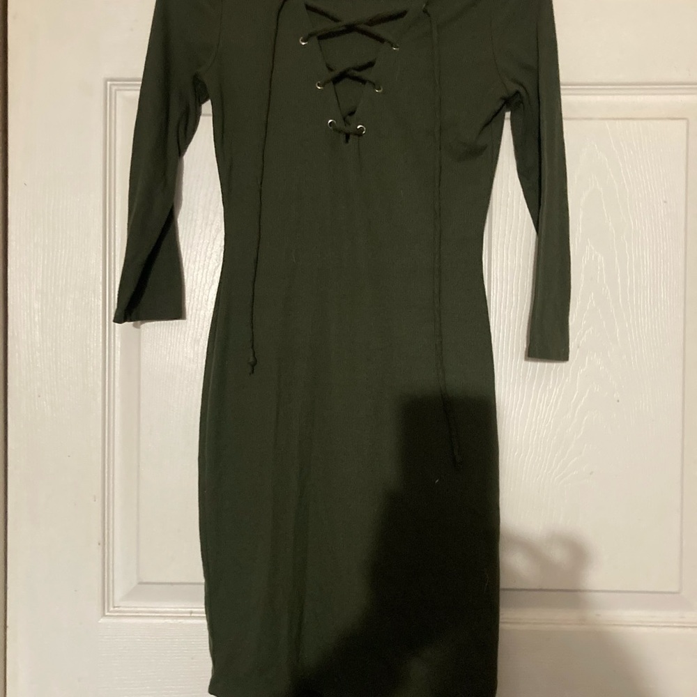 Charlotte Russe Dark Green Lace-Up Long Sleeve Dress